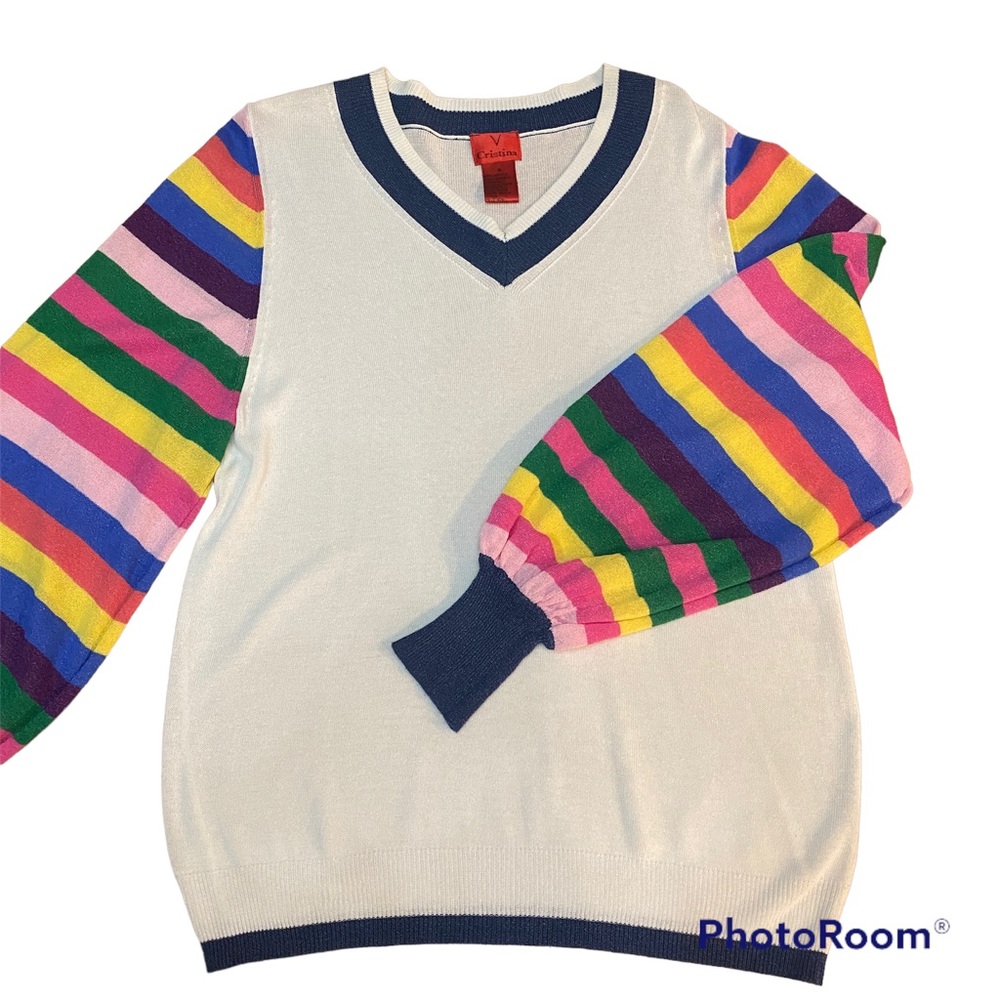 V Cristina 🌈 Rainbow-Sleeve V-Neck Sweater